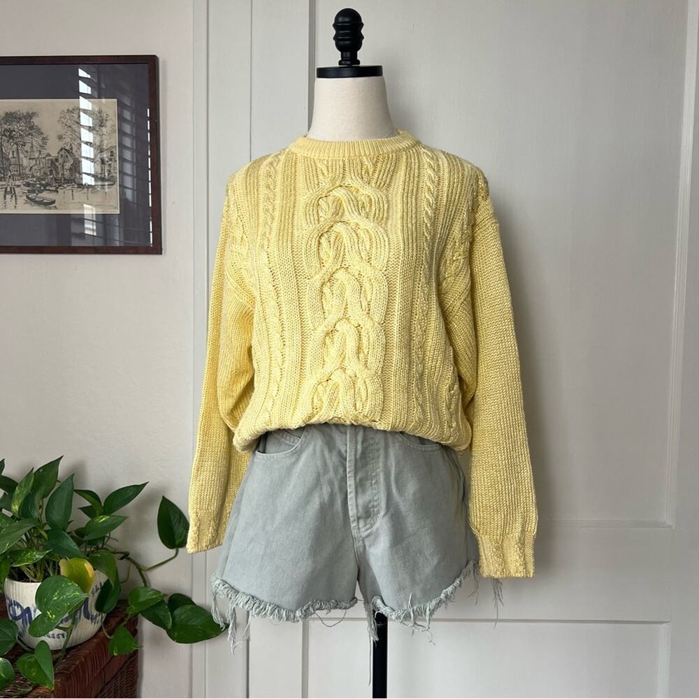 Vintage Yellow Cotton-Blend Cable-Knit Crewneck Sweater